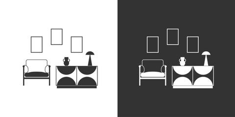 Living room interior with armchair and nightstand. Black and white flat icon
