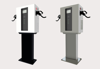 Electric car charging station realistic icon set illustration. Isolated vector of EV chargers for vehicle. Battery, plug and cable for electromobile recharge. Charge point for automobile. Green energy