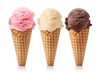 Chocolate, vanilla and strawberry Ice cream in the cone on white background.