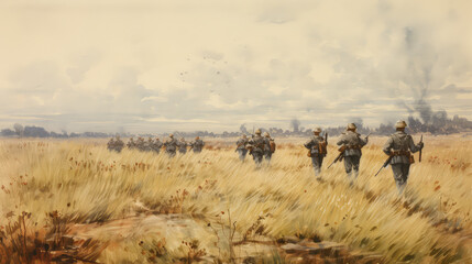 soldiers march through field in world war