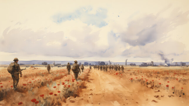 soldiers march through field in world war