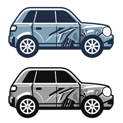 Vandalized car, flat style vector illustration, Junk car vector, destroy or damage car, colored and black and white stock vector image