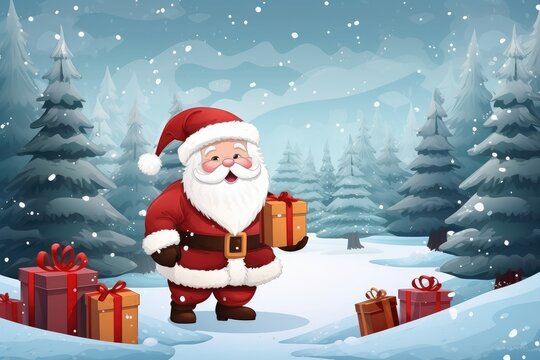 Quirky old bearded Santa Claus in the winter snowy forest. Winter holiday and Christmas concept. New Year's child frost.