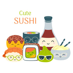 vector illustration of sushi characters set, japanese food with soy sauce, wasabi, noodles and sushi roll, can use in menu, in shop, in bar, cards or stickers