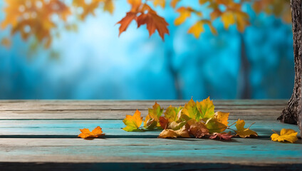 Naklejka na ściany i meble autumn leaves on the wooden background