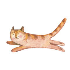 Watercolor drawing of a funny running cat. Cute striped kitten. Element for design