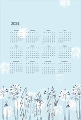 Calendar vector template for year 2024 with hand drawn fluffy dandelion flowers on light blue background. Modern floral design