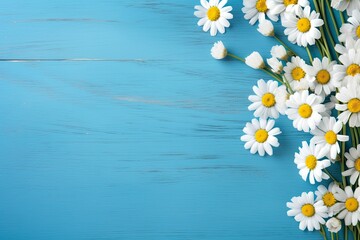 Daisy border on blue wood.