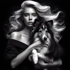 Schöne Frau mit Hund in schwarz weiß - 664530978