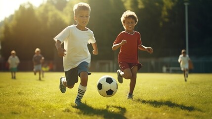 two children playing soccer on a grass field - obrazy, fototapety, plakaty