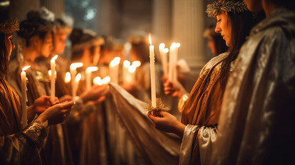 Toga-Clad Romans Lighting Candles to Mark the Winter Solstice, The Roman Origins of Christmas, with copy space, blurred background