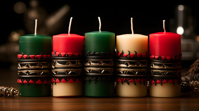 Kwanzaa Celebration, Seven Red, Black, and Green Candles Symbolize African American Traditions on Natural Beige