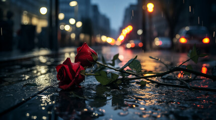 Two fresh roses on the wet pavement illuminated by street lamps in the evening