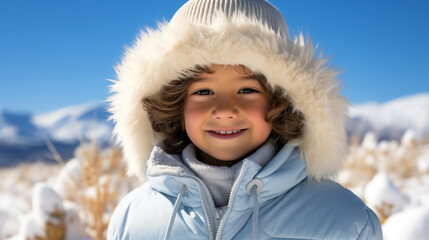 happy smiling boy in a warm blue jacket and fur hood on a bright winter day