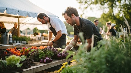 Visualize farmers and chefs collaborating at a local farm, showcasing the journey from farm to plate and the importance of sustainability