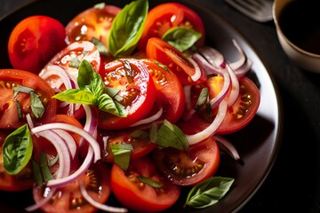 Healthy tomato salad with onion basil olive oil and balsamic vinegar.