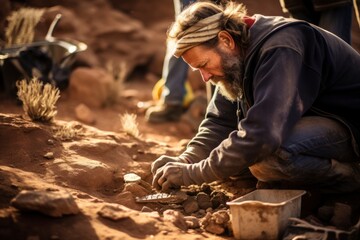 Anthropologist carefully excavating ancient artifacts at an archaeological dig site.