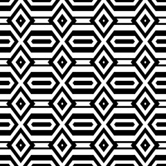 Repeated white polygons on black background. Ethnic wallpaper. Seamless surface pattern design with hexagons and rhombuses. Embroidery motif. Digital paper for page fills, web designing, textile print