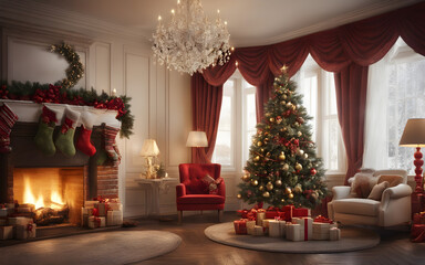 Fototapeta na wymiar Christmas interior with a fir tree, presents and fireplace