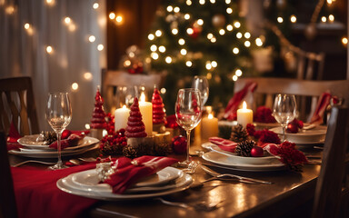  Christmas dinner table setting in a cosy modern living room