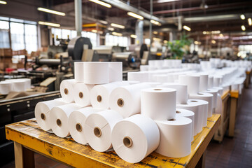 Large rolls of thermal paper produced in a mill factory, manufacturer with industrial slitting machine - obrazy, fototapety, plakaty