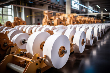 Large rolls of thermal paper produced in a mill factory, manufacturer with industrial slitting machine - obrazy, fototapety, plakaty