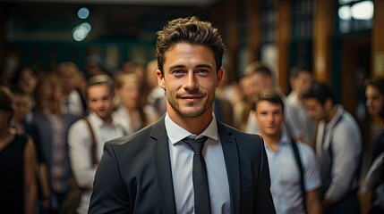 Confident man stands out in busy crowd, radiating charisma.