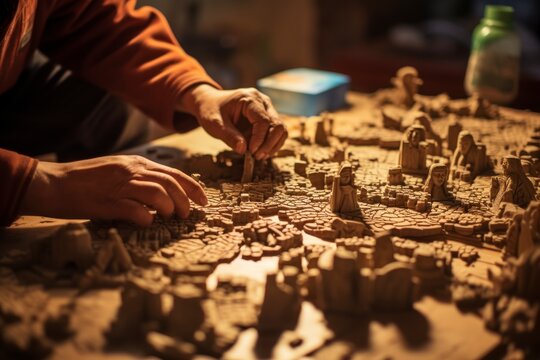 A symbolic image of anthropologists piecing together fragments of cultural artifacts like a jigsaw puzzle, illustrating the meticulous work of cultural preservation and interpretation.