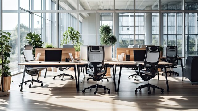 An image of ergonomic chairs, adjustable desks, and ergonomic accessories in a modern office, emphasizing the importance of employee well-being and comfort