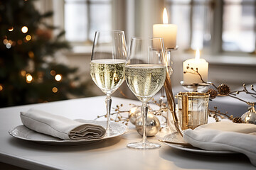 Christmas table setting with glasses of champagne in the kitchen, close-up - Powered by Adobe