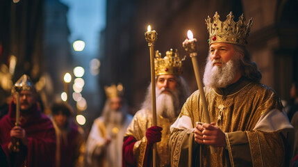 Three Kings' Day and Saint Nicholas Day Candlelit Procession, the Three Kings’ Day, Saint Nicholas Day, with copy space, blurred background - obrazy, fototapety, plakaty