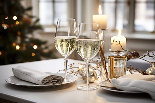 Christmas table setting with glasses of champagne in the kitchen, close-up