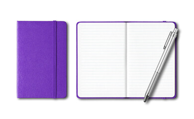 Purple closed and open lined notebooks with a pen isolated on transparent background