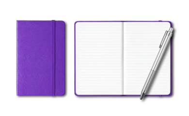 Purple closed and open lined notebooks with a pen isolated on transparent background