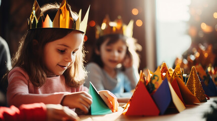 Children Crafting Paper Crowns for Three Kings' Day, the Three Kings’ Day, Saint Nicholas Day, with copy space, blurred background