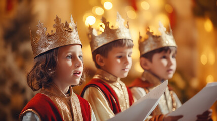 Children Singing Carols for Saint Nicholas, the Three Kings’ Day, Saint Nicholas Day, with copy space, blurred background - obrazy, fototapety, plakaty