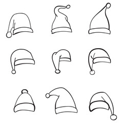 Set of hand drawn Santa hats. Festive design element for Christmas and New Year. Vector illustration in doodle style