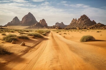 A vast desert road surrounded by rocky landscapes in Spitzkoppe, Namibia. Generative AI