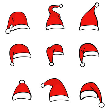 Set of hand drawn Santa hats for your creativity. Festive design element for Christmas and New Year. Vector illustration in doodle style
