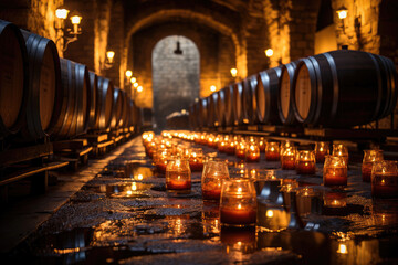 Vintage winery ambiance: oak barrels in a dimly lit cellar with candle reflections on wet floor.
