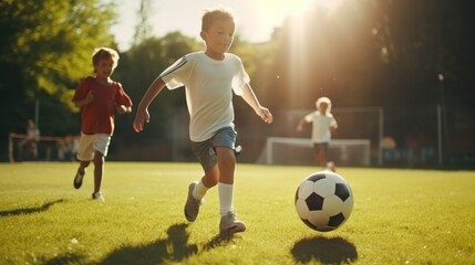 Fototapeta premium children playing soccer on a sunny day with a ball on a field
