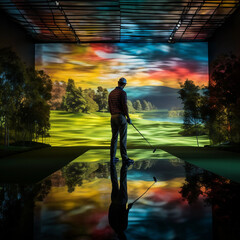 A golfer in front of virtual golfing simulation in a large room with projectors, sky and clouds behind as colorful abstract landscape