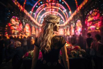 Fototapeta premium Elegant woman amidst a radiant city festival, surrounded by vibrant lights and an energetic crowd.