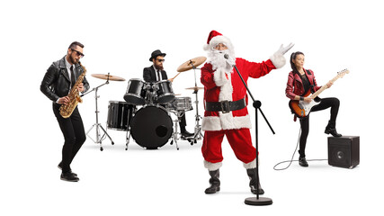 Santa claus singing and a band playing on a guitar, sax and drums