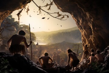 An artistic representation of early human life, with hominids hunting and gathering in a prehistoric setting - obrazy, fototapety, plakaty