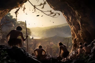 Zelfklevend Fotobehang An artistic representation of early human life, with hominids hunting and gathering in a prehistoric setting © Hunman