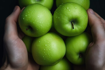 Hands holding green apples close up