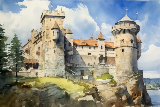 Watercolor painting of a castle in the fortress of Oslo, Norway. Generative AI