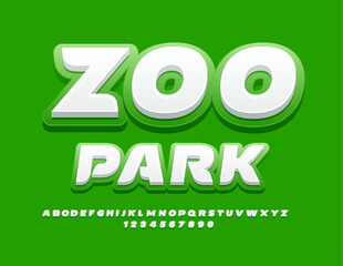 Vector bright poster Zoo Park. White and Green creative Font. Modern Alphabet Letters, Numbers and Symbols set