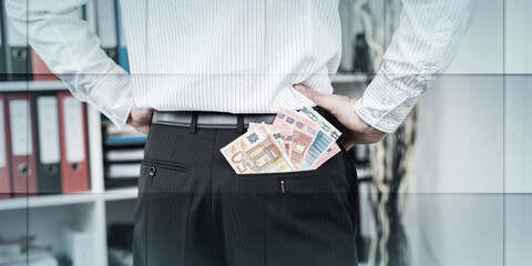 Businessman with a lot of banknotes in his pocket, geometric pattern